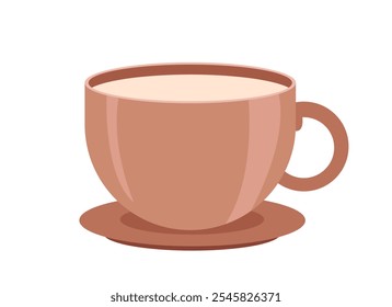 Café en taza. Bebida caliente en taza marrón en platillo. Café o té. Cappuccino, mochaccino y café con leche. Bebida sabrosa. Cartel o Anuncio. Ilustración vectorial plana aislada sobre fondo blanco