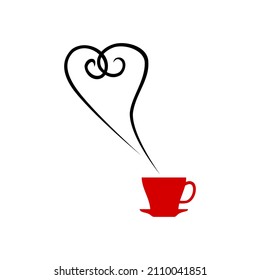 Coffee cup hot with hearts steam line icon black on white background.
