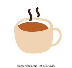 Coffee cup, hot morning drink in doodle simple drawing style. Warm breakfast beverage, cocoa with steam. Cute tea mug. Kids childish flat vector illustration isolated on white background