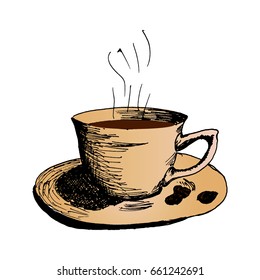 Coffee cup, hot morning coffee Hand Drawn Sketch Vector illustration.