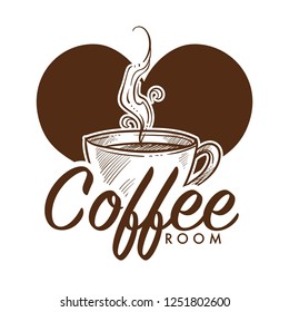 Coffee cup with hot steam coming from tasty beverage isolated icon vector monochrome sketch outline drink brewed and poured in mug heart takeaway product giving energy to drinkers takeout decaf.