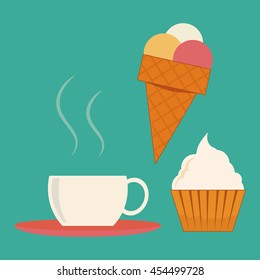 coffee cup, ice cream and cup cake illustration over green  color backdrop