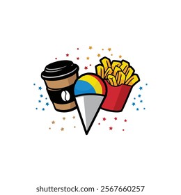 A coffee cup, an ice cream cone, and a box of French fries with colorful confetti in the background