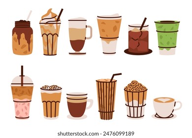 Coffee cup. Ice latte mug. Cafe icon, beverage cappuccino glass. Drink hot and cold. Menu doodle isolated elements. Americano and espresso with cream and milk. Vector cartoon flat style illustration