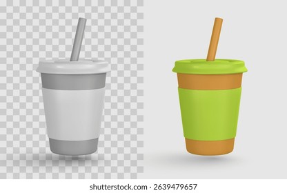 Coffee Cup Icon 3D Render with Straw in Eco and Monochrome Styles, Ideal for Cafe, Delivery, and Mobile App Design. High-Quality, Trendy Cartoon Look. Vector Illustration.