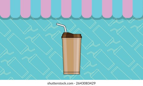 Coffee cup icon background with alternating colored flags on top. Foreground with beverage cup.