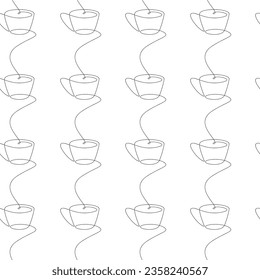 Coffee cup icon background. Line continuous  seamless pattern vector. Cartoon linear mug backdrop. Outline hot drink doodle illustration. Kitchen wallpaper, print, graphic design, card, banner.