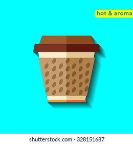 Coffee cup icon with coffee beans logo, Vector illustration flat design with long shadow. Food icon for menu, cafe and restaurant. Flat design vector isolated on blue background.