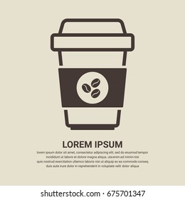 Coffee cup icon with beans logo on brown background, Flat design style