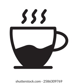 Coffee cup icon. Black icon of a steaming coffee cup in flat design on a white background. Vector illustration