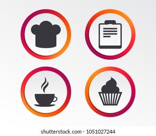 Coffee cup icon. Chef hat symbol. Muffin cupcake signs. Document file. Infographic design buttons. Circle templates. Vector