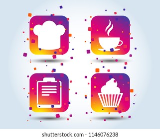 Coffee cup icon. Chef hat symbol. Muffin cupcake signs. Document file. Colour gradient square buttons. Flat design concept. Vector