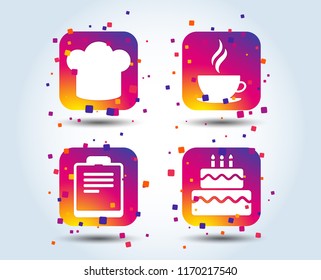 Coffee cup icon. Chef hat symbol. Birthday cake signs. Document file. Colour gradient square buttons. Flat design concept. Vector