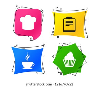 Coffee cup icon. Chef hat symbol. Muffin cupcake signs. Document file. Geometric colorful tags. Banners with flat icons. Trendy design. Vector