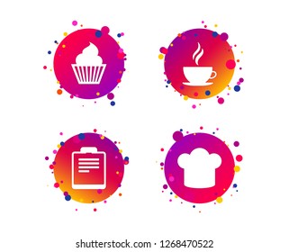 Coffee cup icon. Chef hat symbol. Muffin cupcake signs. Document file. Gradient circle buttons with icons. Random dots design. Vector