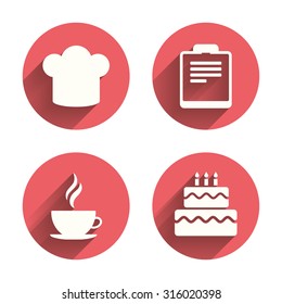 Coffee cup icon. Chef hat symbol. Birthday cake signs. Document file. Pink circles flat buttons with shadow. Vector