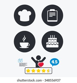 Coffee cup icon. Chef hat symbol. Birthday cake signs. Document file. Star vote ranking. Client like and think bubble. Quotes with message.