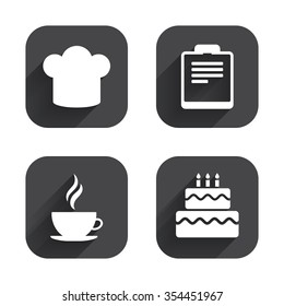 Coffee cup icon. Chef hat symbol. Birthday cake signs. Document file. Square flat buttons with long shadow.