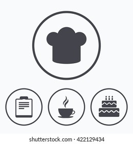 Coffee cup icon. Chef hat symbol. Birthday cake signs. Document file. Icons in circles.