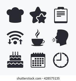 Coffee cup icon. Chef hat symbol. Birthday cake signs. Document file. Wifi internet, favorite stars, calendar and clock. Talking head. Vector