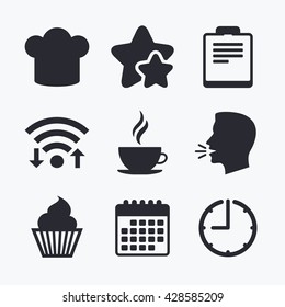 Coffee cup icon. Chef hat symbol. Muffin cupcake signs. Document file. Wifi internet, favorite stars, calendar and clock. Talking head. Vector