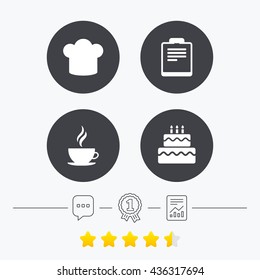 Coffee cup icon. Chef hat symbol. Birthday cake signs. Document file. Chat, award medal and report linear icons. Star vote ranking. Vector