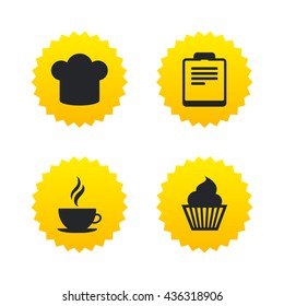 Coffee cup icon. Chef hat symbol. Muffin cupcake signs. Document file. Yellow stars labels with flat icons. Vector