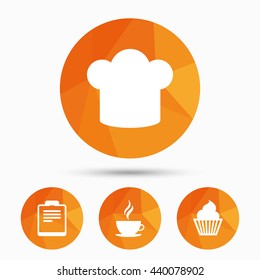 Coffee cup icon. Chef hat symbol. Muffin cupcake signs. Document file. Triangular low poly buttons with shadow. Vector