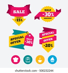 Coffee cup icon. Chef hat symbol. Muffin cupcake signs. Document file. Web stickers, banners and labels. Sale discount tags. Special offer signs. Vector
