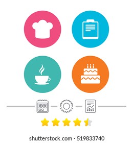 Coffee cup icon. Chef hat symbol. Birthday cake signs. Document file. Calendar, cogwheel and report linear icons. Star vote ranking. Vector