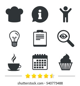 Coffee cup icon. Chef hat symbol. Muffin cupcake signs. Document file. Information, light bulb and calendar icons. Investigate magnifier. Vector