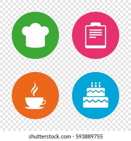 Coffee cup icon. Chef hat symbol. Birthday cake signs. Document file. Round buttons on transparent background. Vector