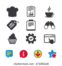 Coffee cup icon. Chef hat symbol. Muffin cupcake signs. Document file. Browser window, Report and Service signs. Binoculars, Information and Download icons. Stars and Chat. Vector
