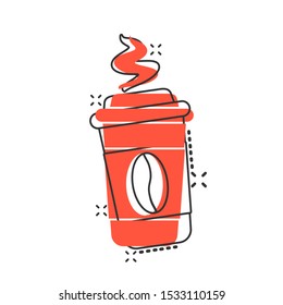 Coffee cup icon in comic style. Mug vector cartoon illustration pictogram. Drink business concept splash effect.