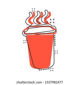 Coffee cup icon in comic style. Mug vector cartoon illustration pictogram. Drink business concept splash effect.