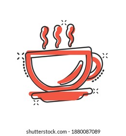 Coffee cup icon in comic style. Hot tea cartoon vector illustration on white isolated background. Drink mug splash effect business concept.
