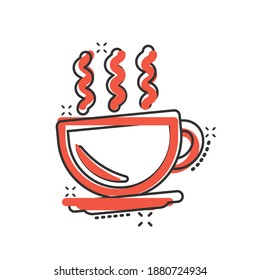 Coffee cup icon in comic style. Hot tea cartoon vector illustration on white isolated background. Drink mug splash effect business concept.