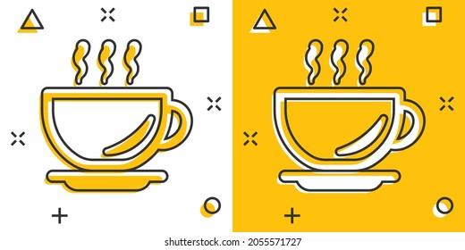 Coffee cup icon in comic style. Hot tea cartoon vector illustration on white isolated background. Drink mug splash effect business concept.