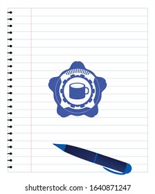 coffee cup icon drawn with pen strokes. Blue ink. Vector Illustration. Detailed.