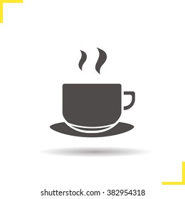 Coffee cup icon. Drop shadow steaming teacup pictogram. Hot beverage in cup. Isolated black illustration. Logo concept. Vector silhouette symbol