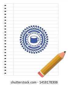 coffee cup icon emblem with pen effect. Blue ink. Vector Illustration. Detailed.