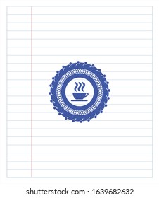 coffee cup icon emblem with pen effect. Blue ink. Vector Illustration. Detailed.