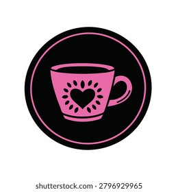 Coffee cup icon featuring a decorative heart design inside a circular frame on white background