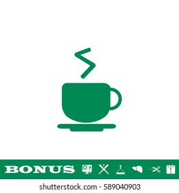 Coffee cup icon flat. Green pictogram on white background. Vector illustration symbol and bonus button
