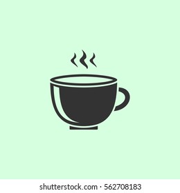 Coffee cup icon flat. Grey vector symbol on green background