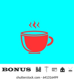 Coffee cup icon flat. Red pictogram on blue background. Vector illustration symbol and bonus buttons Music center, corkscrew, credit card, house, drum