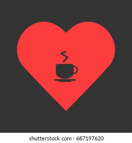 Coffee cup icon flat. Simple pictogram on heart background. Vector illustration symbol