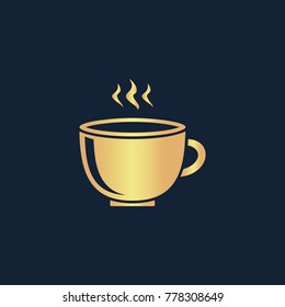 Coffee cup icon flat. Simple gold pictogram on dark background. Vector illustration symbol