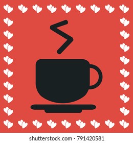 Coffee cup icon flat. Simple black pictogram on red background with white hearts for valentines day. Vector illustration symbol