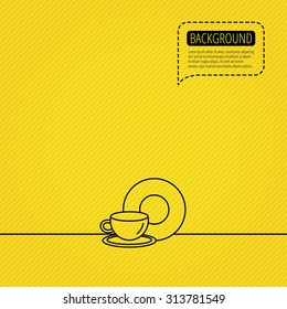 Coffee cup icon. Food and drink sign. Speech bubble of dotted line. Orange background. Vector